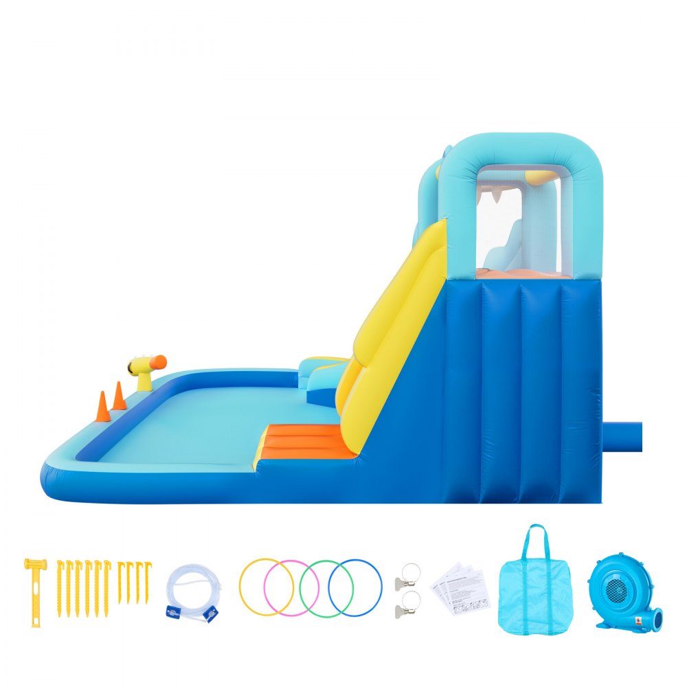 Aufblasbare Wasserhüpfburg Outdoor (353 x 400 x 235 cm), Hüpfburg mit Wasserrutsche (Krokodil-Optik) & Kletterwand & Planschbecken & Wasserring-Wurfspiel, für 3-4 Kinder (3 bis 8 Jahre alt)