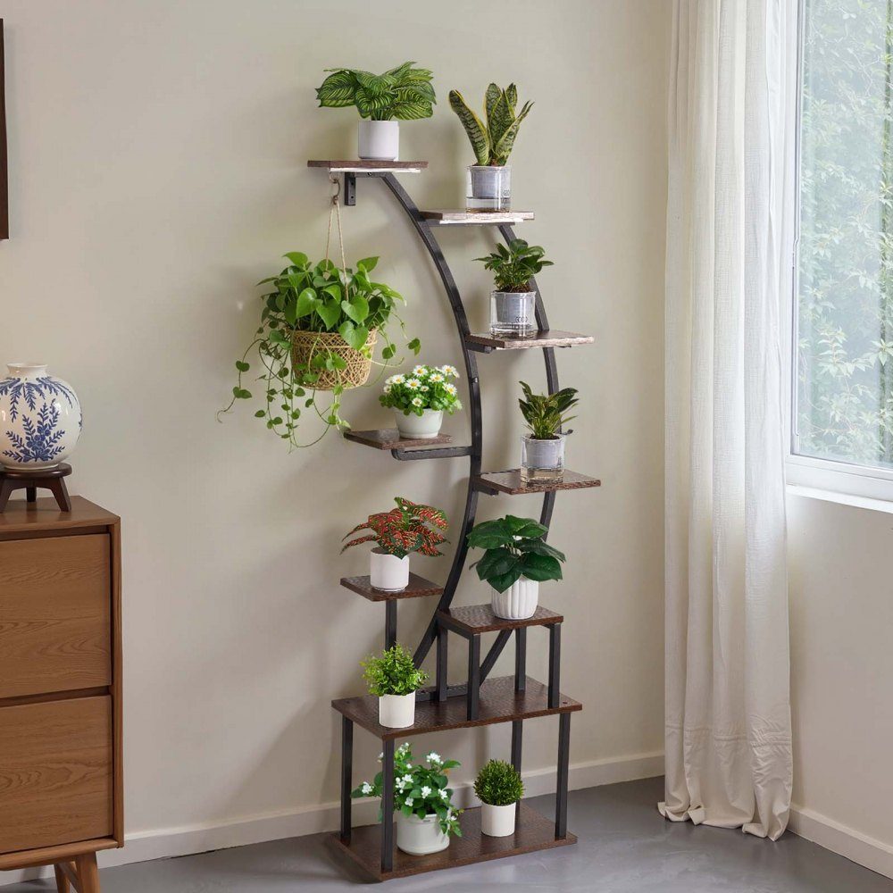 Plantenstandaard met groeilicht, 9-laags bloementrappen, metalen bloemenstandaard, 3 timers en 10 helderheidsniveaus, bloemenplank voor woonkamer- en balkondecoratie, 62 x 28 x 160 cm