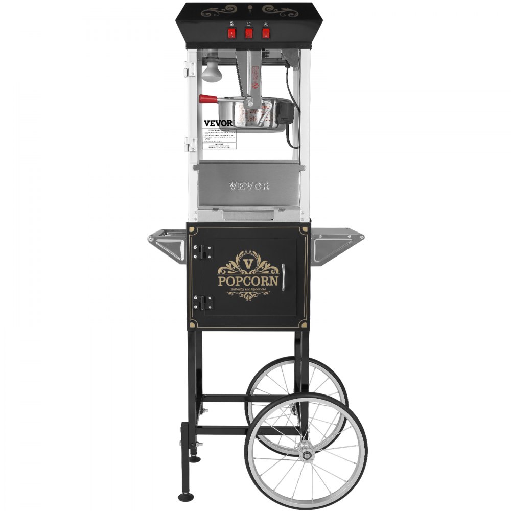 Popcornmaker, Popcornmaker met kar, 850W Popcornmaker, 8oz Ketel voor 48 kopjes per lading, Popcornmaker van gehard glas met 4 bolletjes Cinema Style Restaurant, Zwart