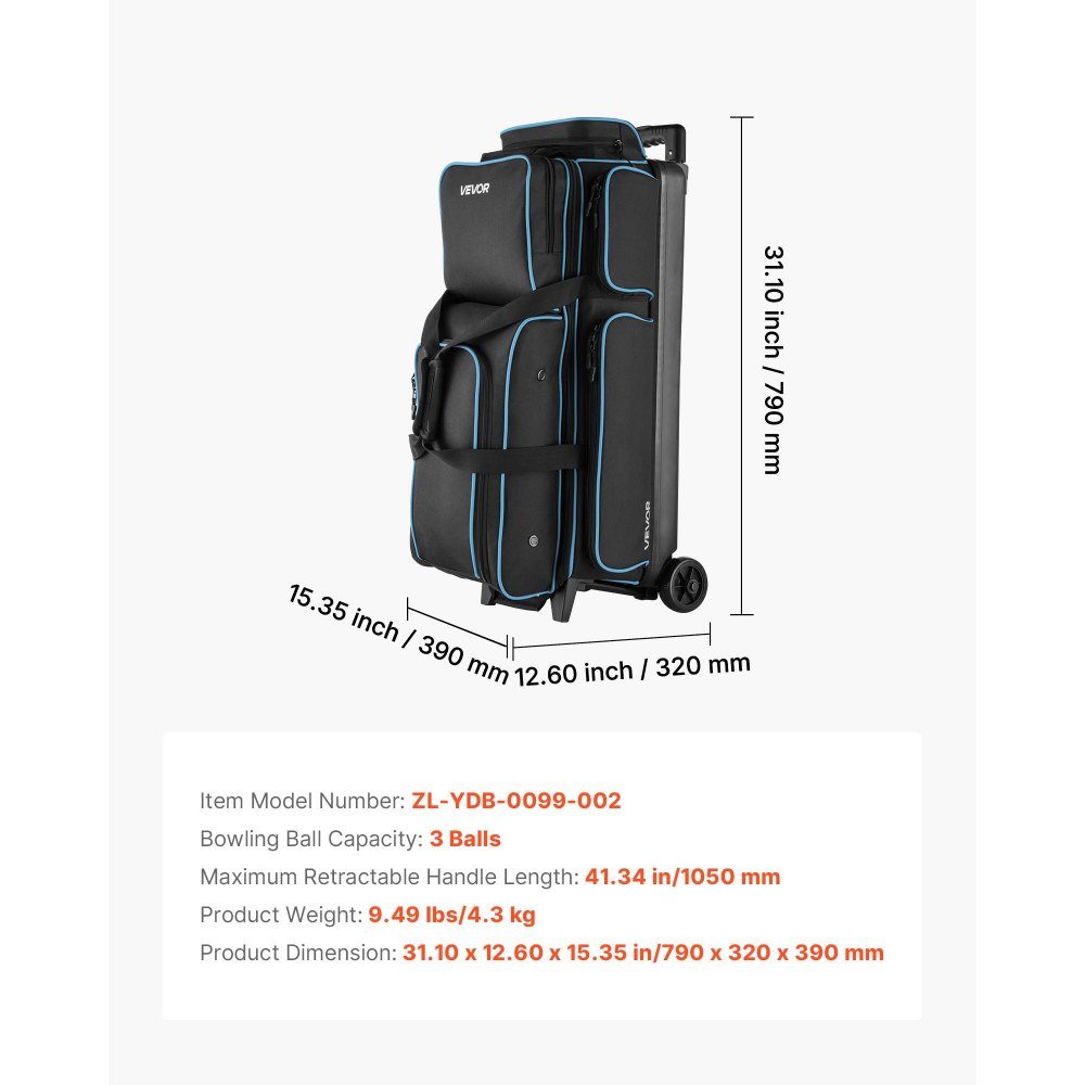 Bowling ball bag for 3 balls with double wheels and separate compartment for shoes (up to US size 16) and oversized accessory pocket, extendable handle, extends to 105 cm, black + blue