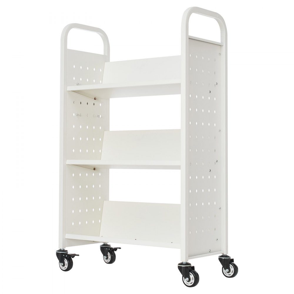 Bücherwagen, 150 kg Tragkraft, Bibliothekswagen, 77 x 38 x 122 cm, einseitiges V-förmiges Bücherregal mit Doppelbremsrädern, für Wohnzimmer, Büro, Schule, Weiß
