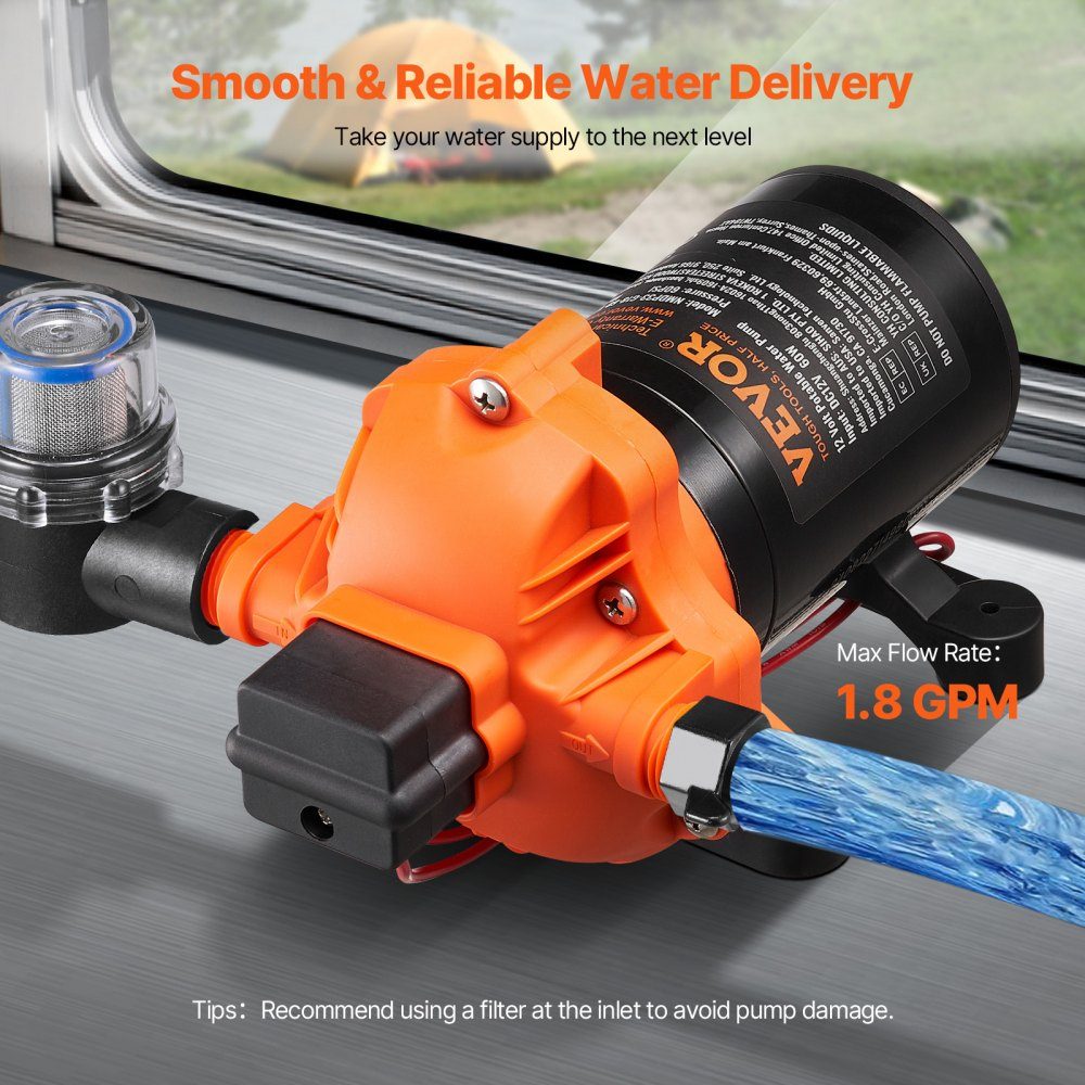 12-V-Membranpumpe, 6,81 l/min, 3-Kammer-Gleichstrom-Wasserpumpe mit automatischem Druckschalter, 40–100 PSI, verstellbar, 60 PSI, 1/2 Zoll MNPT-Anschluss für Wohnmobil, Yacht, Food Truck, Camper, Marine