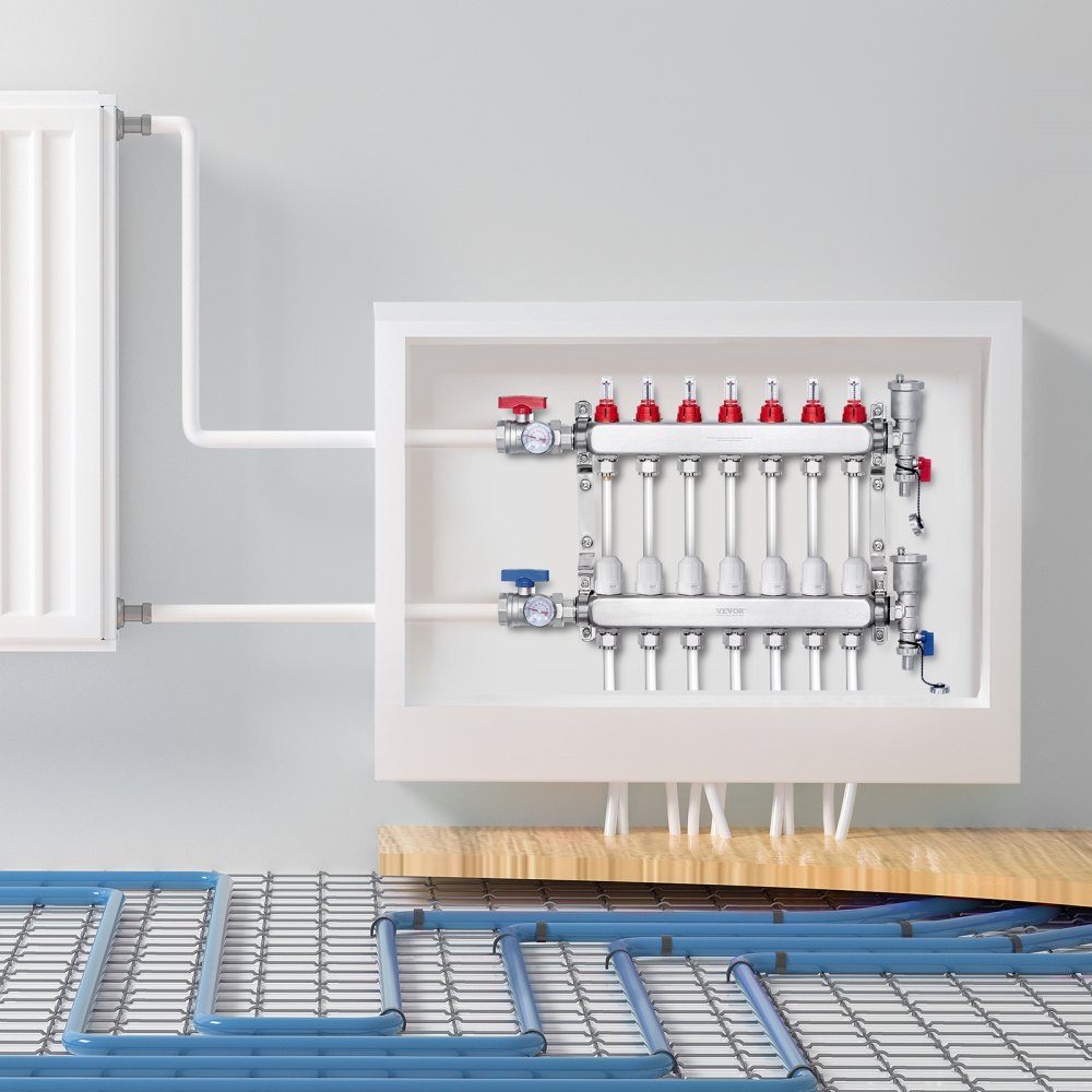 7 Branch Heat Distribution Manifold, 1/2" PEX Pipe Manifold, Stainless Steel PEX Manifold for Hydronic Underfloor Heating, Heat Distribution PEX Manifold Kit with 1/2" Adapters Included