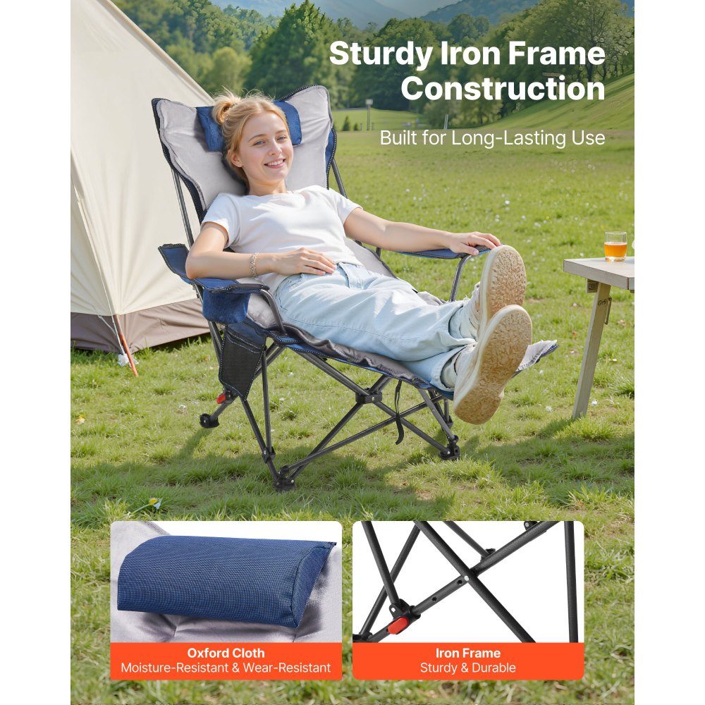 Opvouwbare campingstoel, ligstoel met 4 verstelbare standen, relaxstoel ligstoel met bekerhouder, strandstoel met hoofd- en voetsteun, draagvermogen 100 kg, voor buiten kamperen, blauw