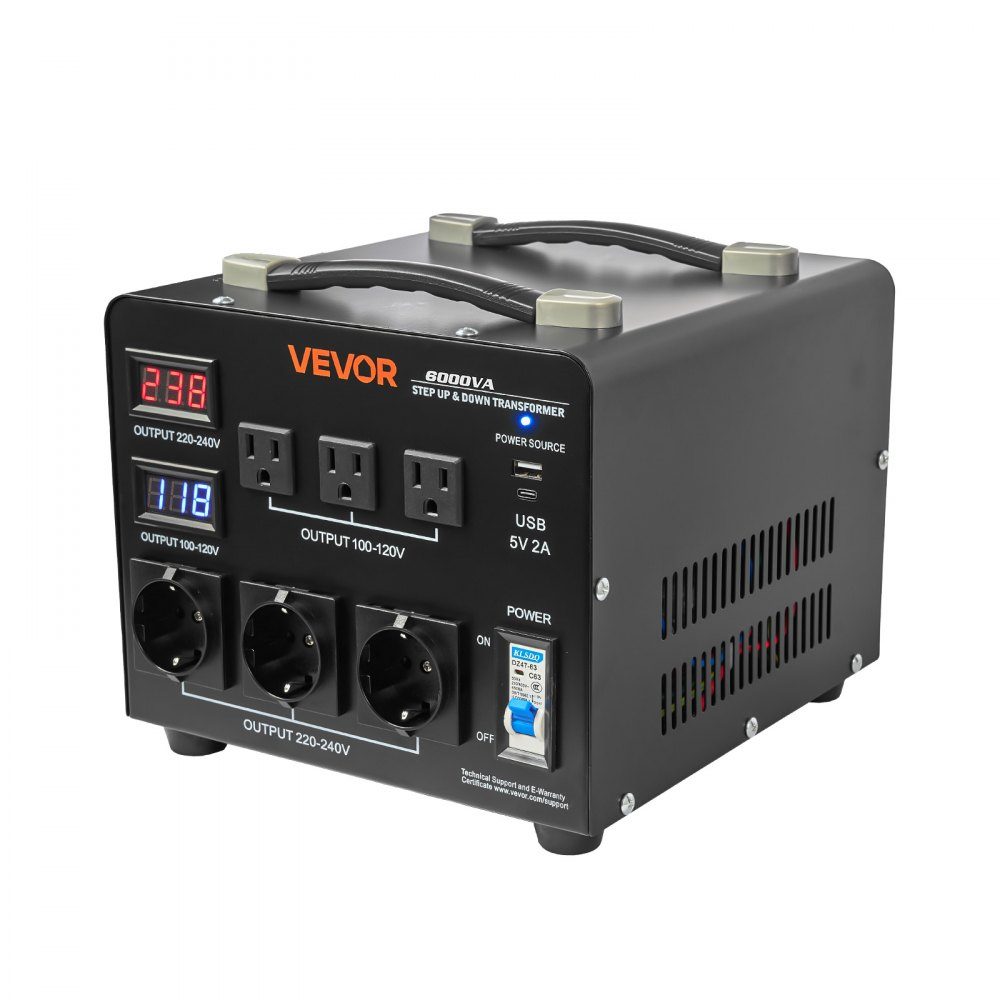 Spannungswandler-Transformator, 6000 VA, Aufwärts-/Abwärtstransformator, 110 V auf 220 V und 220 V auf 110 V, mit 3 US-Buchsen, 3 EU-Buchsen, LCD-Display, Leistungsschalter