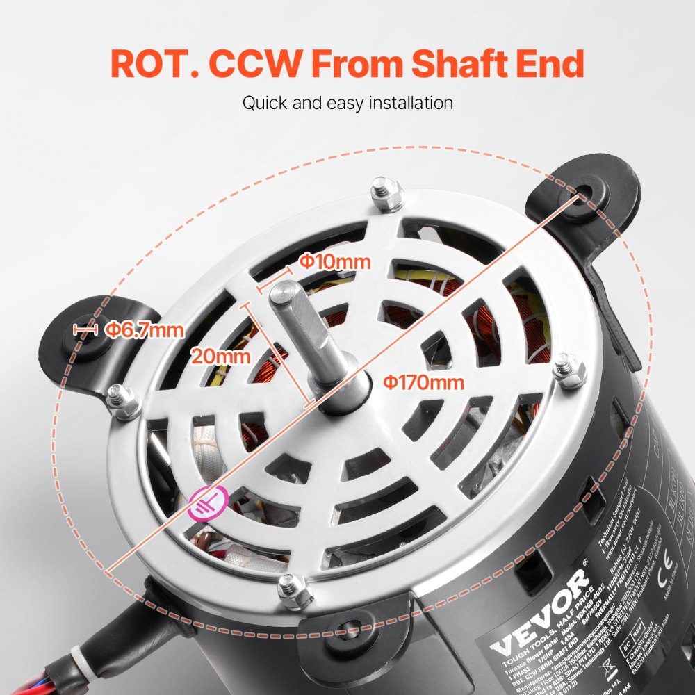 1/5 HP Blower Motor, 220V, 1.45 Amp, 3 Speeds (700/900/1100 RPM), 10mm Shaft Diameter, 20mm Shaft, RED. CCW from shaft end, including CBB60 8 μF / 450 V capacitor