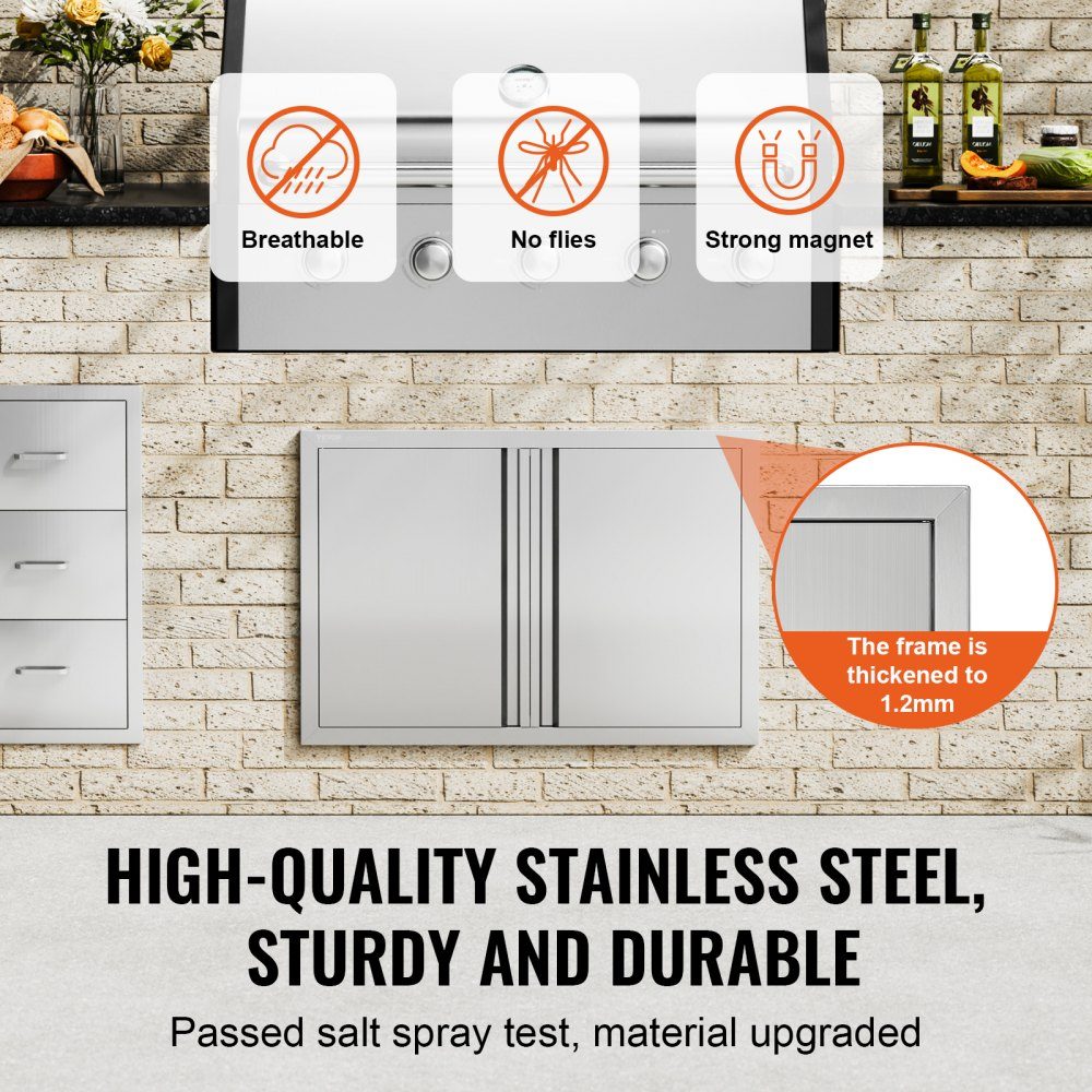 Porte d'accès au gril 774x532mm Double porte de cuisine extérieure encastrée en acier inoxydable, porte murale verticale avec poignées rétractables pour Grill Island Grill Station armoire extérieure