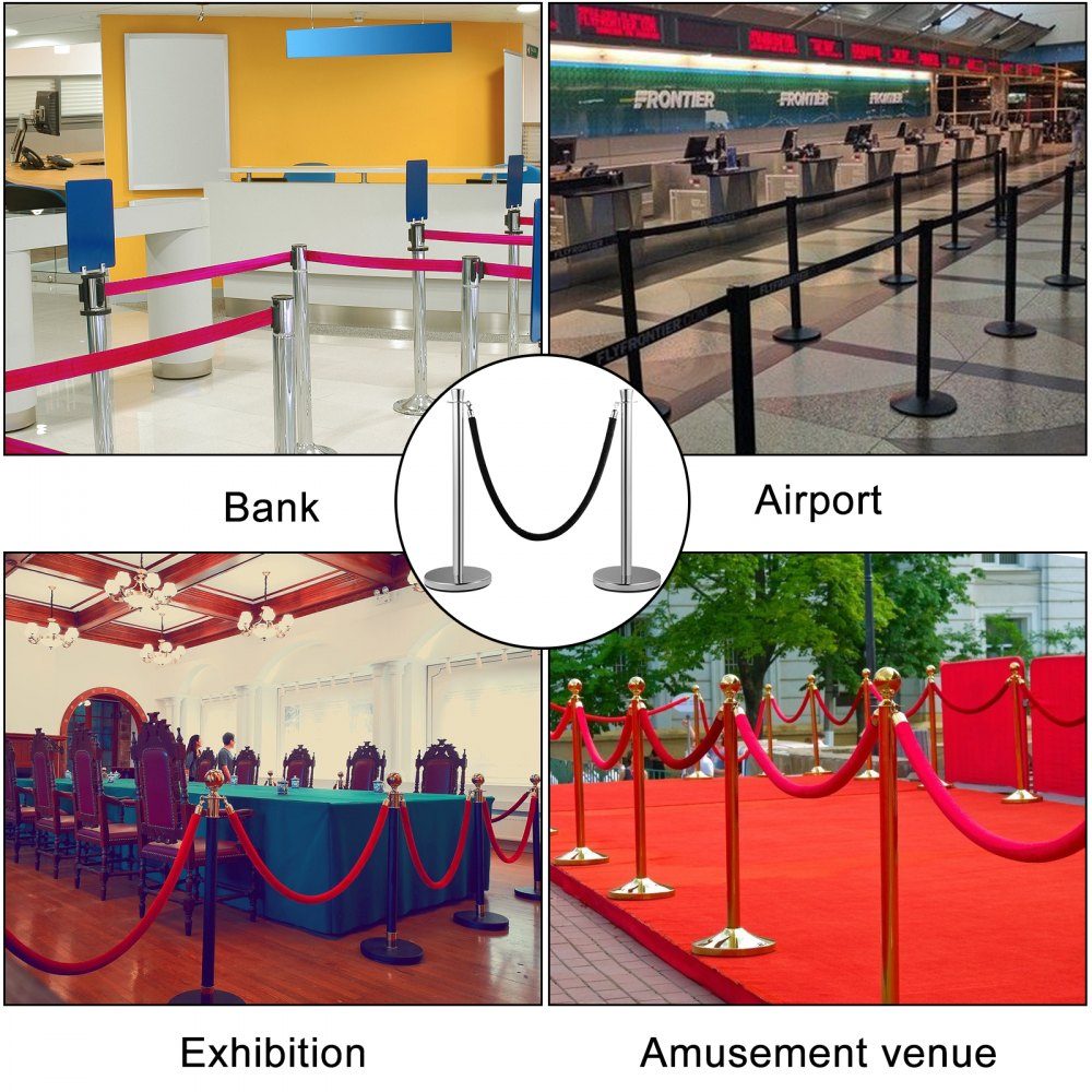 2 piece crowd control stake set with 1.5m black velvet rope, silver crowd control barrier with sturdy concrete and metal base - easy to assemble
