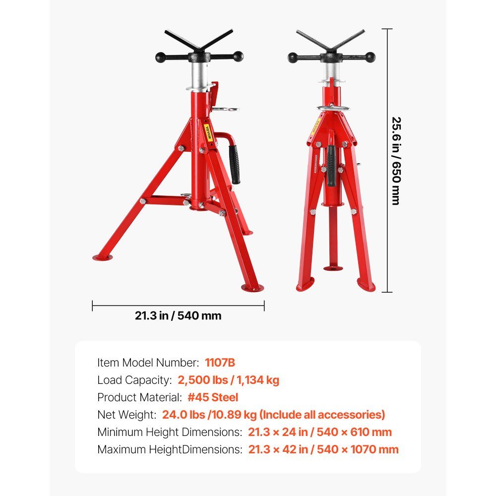 Support de tube Support de tube en acier au carbone Tête en V Capacité de charge maximale 1134 kg Support de tube Hauteur réglable de 61 à 107 cm Pieds pliables pour le transport Idéal pour les machines à fileter Rainures de rouleau