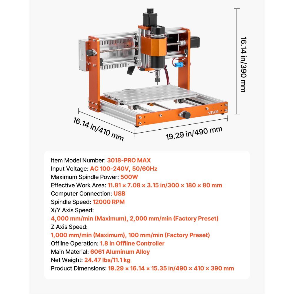 Fraiseuse CNC, broche 500W, machine de gravure 3 axes, zone de travail 300x180x80mm, contrôle hors ligne, fin de course, arrêt d'urgence, pour sculpter et couper du bois, de l'acrylique et du plastique