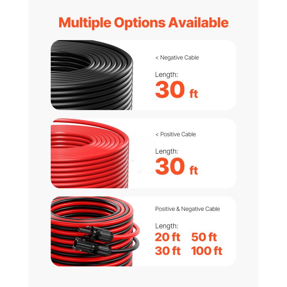 30ft Solar Cable Extension Cable Set of 2 6mm²/10AWG Cable with Waterproof Female and Male Connectors PV Cable for Home, Marine and RV Solar Panels Black+Red