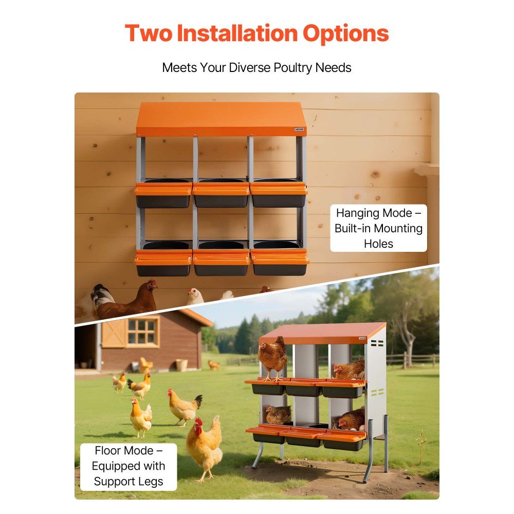 2-tier laying nest 795x525x990 mm, 6 compartments, metal chicken nest with support legs, poultry nest, roll-off nest, ideal for hens, ducks, chickens & other poultry, orange