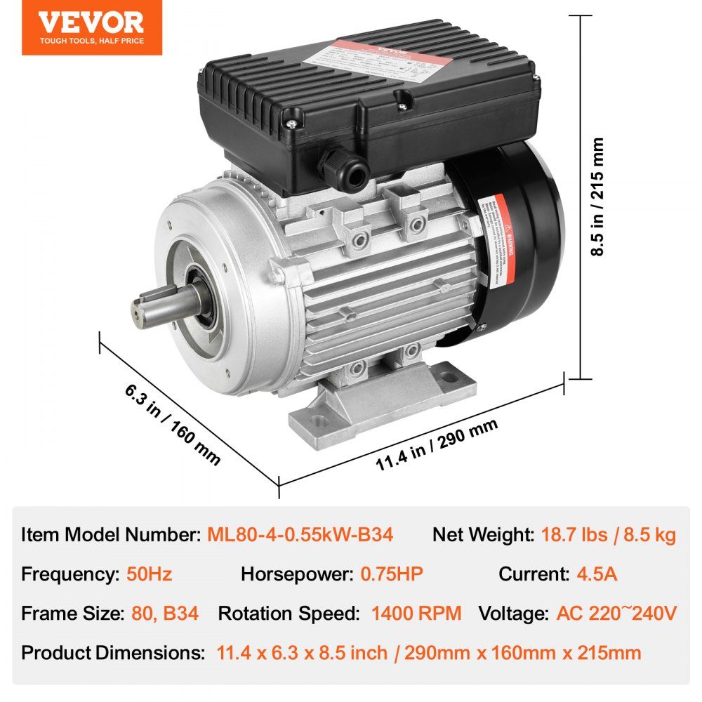 0,55 kW Elektromotor 1400 U/min AC 220–240 V 4,5 A 80 B34 Rahmen Luftkompressormotor einphasig 19 mm Keilwelle Rechts-/Linksdrehung für landwirtschaftliche Maschinen und allgemeine Geräte