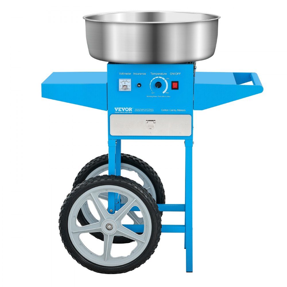 Machine à barbe à papa électrique, machine à barbe à papa commerciale avec chariot (1000 W), avec bol en acier inoxydable de 52 cm, cuillère à sucre et tiroir, parfaite pour les anniversaires d'enfants, les réunions de famille, bleu