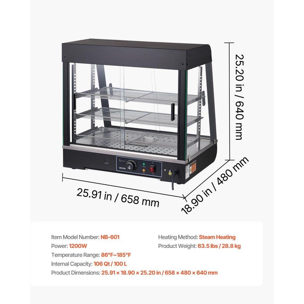 Table chauffante à 3 étages 100 L, vitrine chauffante 1200 W, table chauffante 30-85 °C, chauffe-plats avec éclairage LED et étagères réglables, vitrine alimentaire pour hamburgers, pizza, pain, poulet rôti