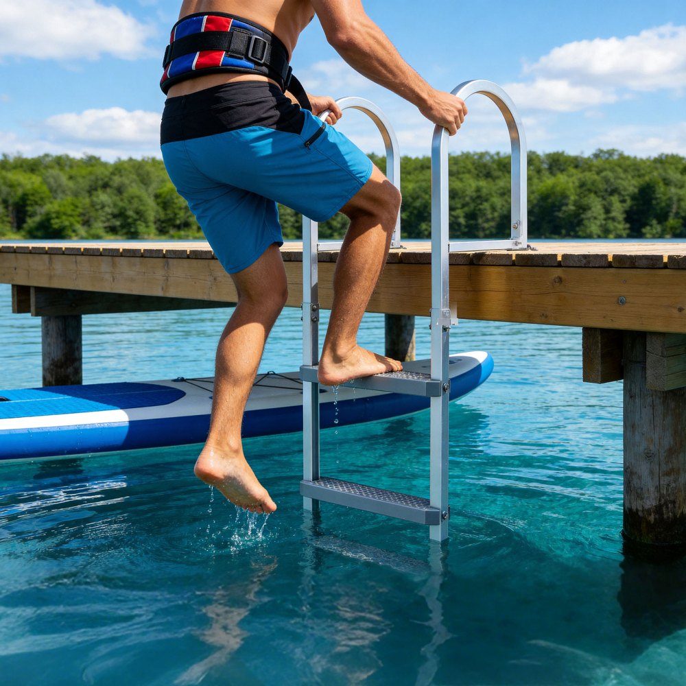 Dock Ladder Detachable, Boat Ladder with 4 Non-Slip Steps, Wide Pedals and Handrail, Pool Ladder with 500lb Load Capacity Made of Aluminum Alloy, Entry Ladder for Docks, Pools, Lakes, Boats, Silver