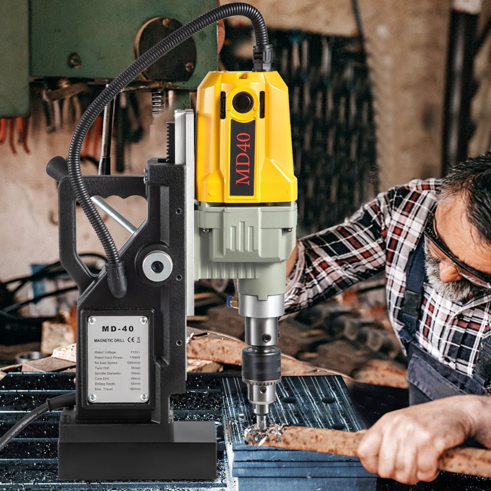 1100W Magnetbohrmaschine Magnetbohrmaschine 12000 N Elektrische Kernbohrmaschine Industriebohrmaschine mit 12 Bohrern, max. Tiefe 55 mm, für Schiffs- und Brückenbau, Stahlbau