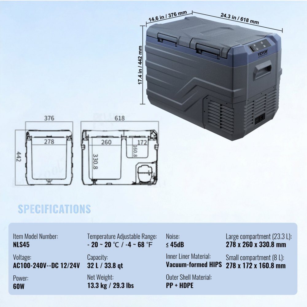 Autokühlschrank, 12-V-Autokühlschrank, tragbarer 32-L-Zweizonen-Gefrierschrank, einstellbarer Bereich von -4℉ bis 68℉, 12/24V DC und 100-240V AC Kompressorkühler für Outdoor, Camping, Wohnmobil