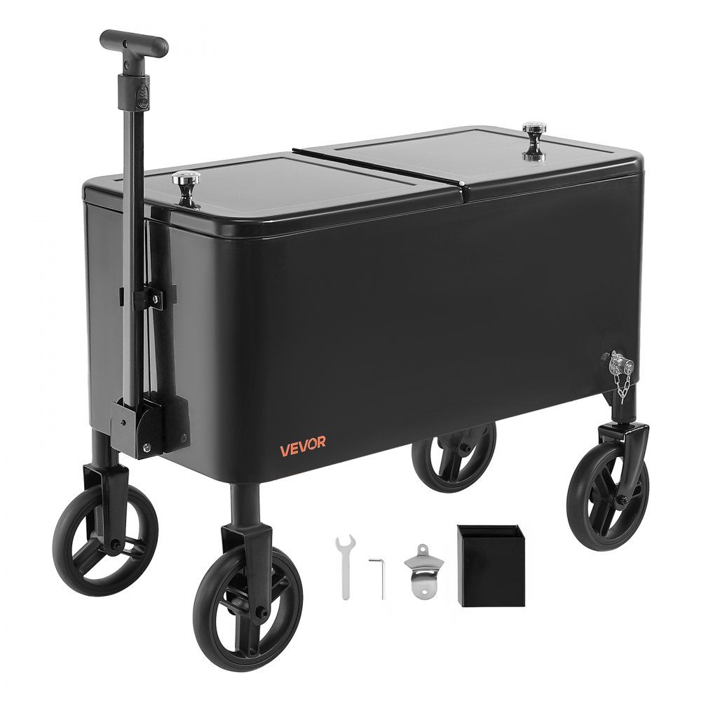 Kühlwagen Getränkewagen 75,71 L bis zu 50 Flaschen/110 Dosen, Beistellwagen für Terrassenpartys und Bars mit Cor-Teleskopgriff & Flaschenöffner & Kronkorkensammler, Getränkekühler schwarz