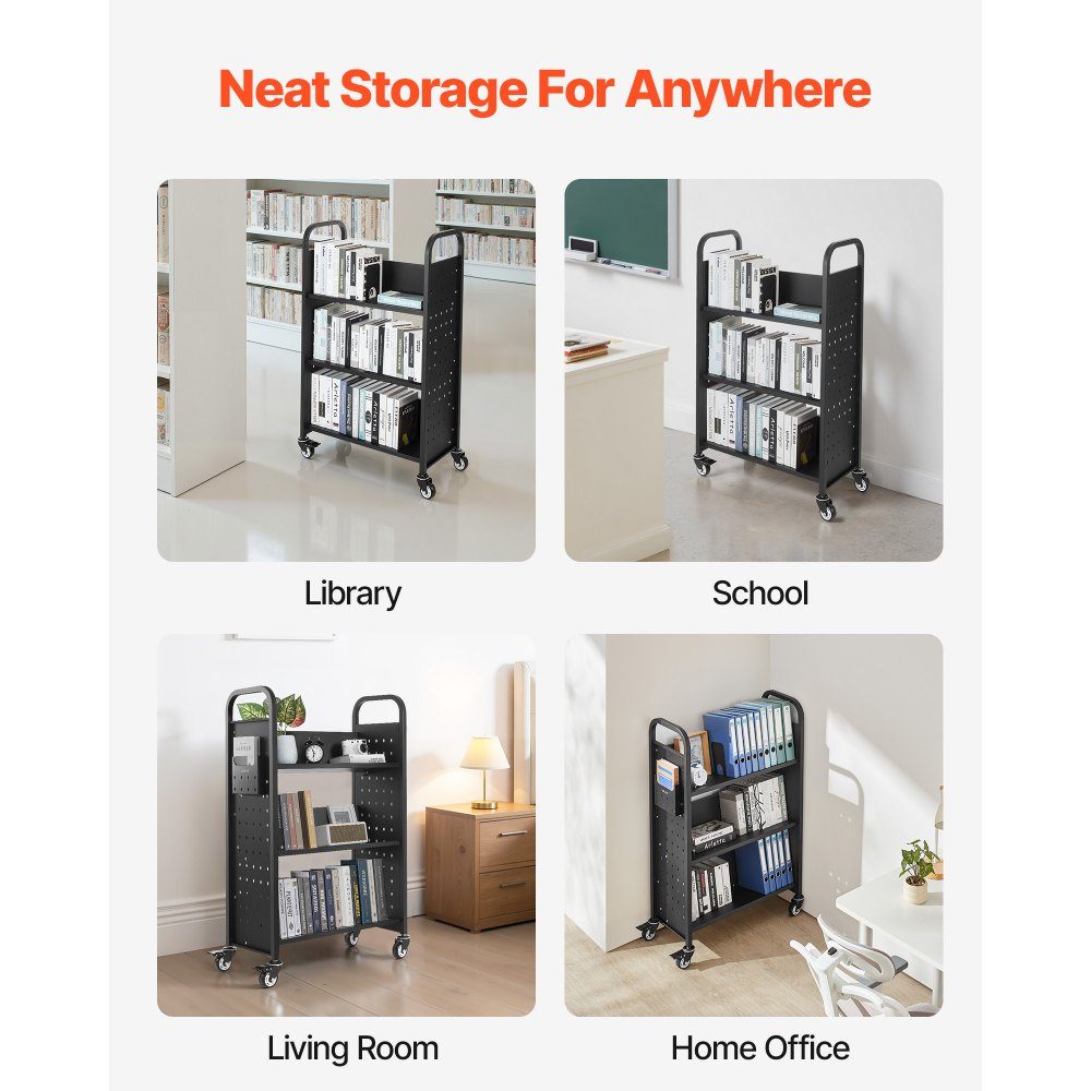 Book Trolley 150kg Load Capacity Library Trolley 77 x 38 x 122cm Single Sided V Shaped Bookshelf with Double Brake Wheels Bookshelf Trolley for Living Room Office School Black