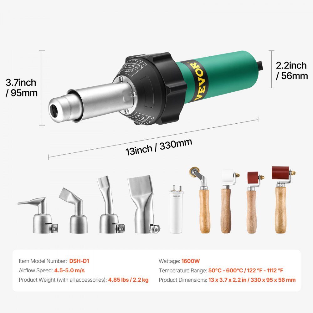 Plastic heteluchtlasapparaat, 1600 W heteluchtpistool, 50-600 ° C PVC TPO vinyl lasbrander, heteluchtlasapparaat met 9 accessoires - 4 mondstukken en 4 naadrollen voor PP/PE/PVC-platen