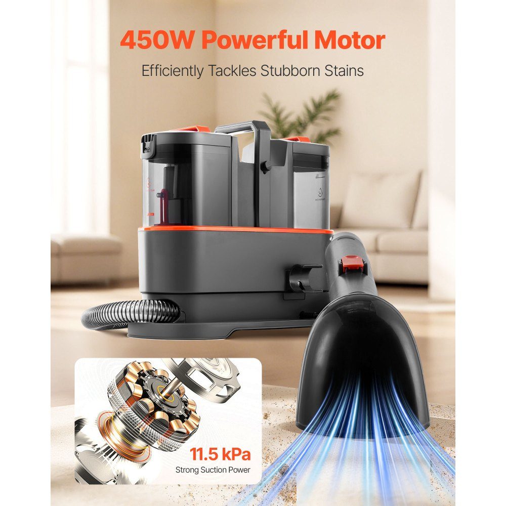 Machine de nettoyage de tapis, réservoir d'eau douce de 1,5 L et réservoir d'eau sale de 0,8 L, nettoyeur de tissus d'ameublement portable, aspirateur de lavage 11,5 kPa, nettoyeur de taches en profondeur pour tapis, canapé, nettoyage ménager