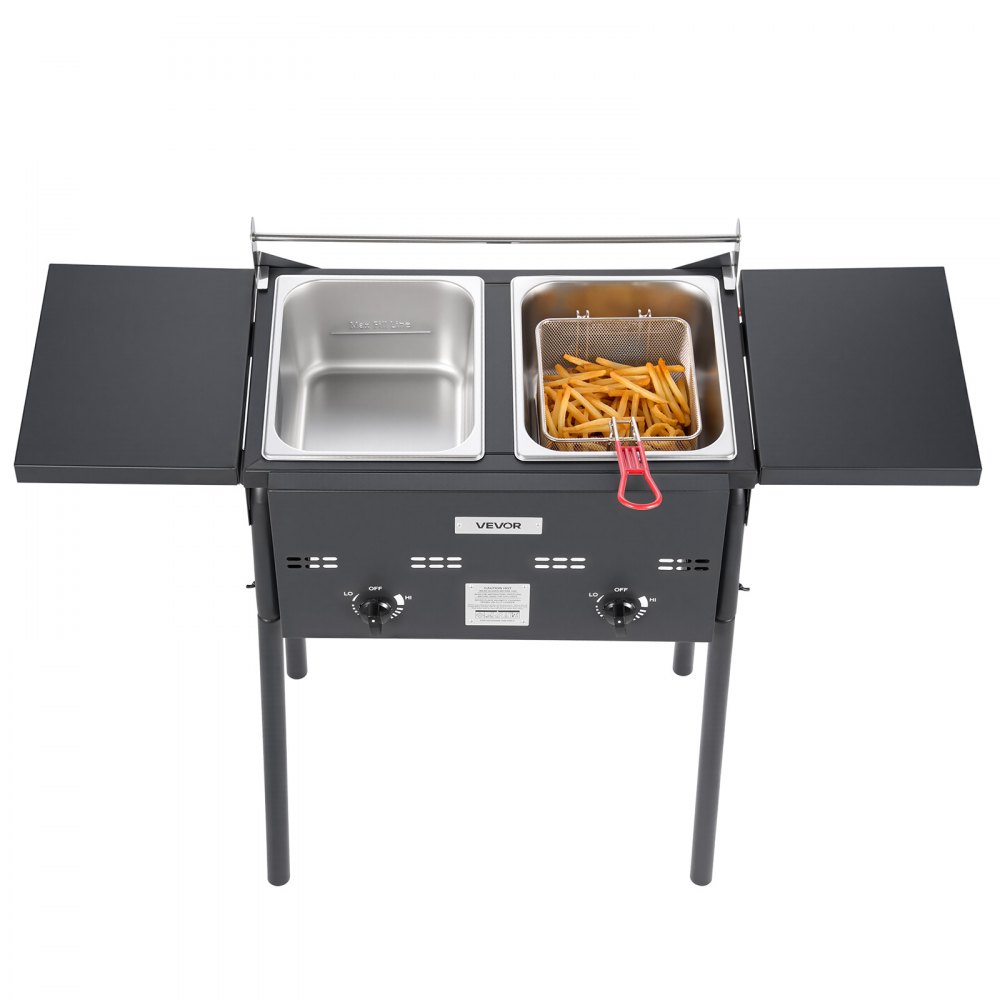 Friteuse commerciale d'extérieur au propane avec 2 réservoirs (9 L x 2), cuisinière en acier inoxydable avec plate-forme pliable, double panier et contrôle de la chaleur, friteuses autoportantes pour restaurants, snack-bars Friteuse commerciale d'extérieur au propane avec 2 réservoirs (9 L x 2), cuisinière en acier inoxydable avec plate-forme pliable, double panier et contrôle de la chaleur, friteuses autoportantes pour restaurants, snack-bars