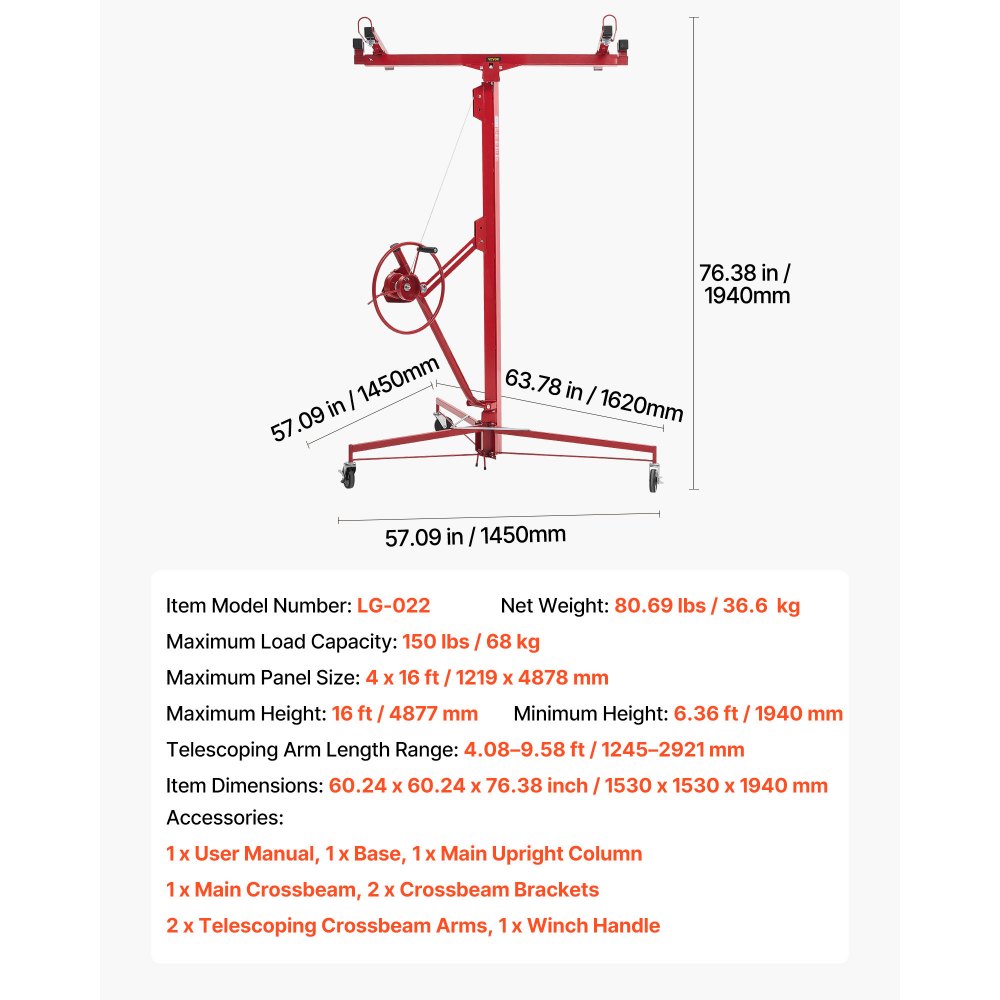 Plattenheber bis max. 68 kg, 4877 mm Höhe, Gipskartonheber mit verstellbarem Teleskoparm, Gipskarton, Trockenbauheber, Plattenheber, Hebezeug, Werkzeug, für Decken- und Wandmontage (rot) Plattenheber bis max. 68 kg, 4877 mm Höhe, Gipskartonheber mit verstellbarem Teleskoparm, Gipskarton, Trockenbauheber, Plattenheber, Hebezeug, Werkzeug, für Decken- und Wandmontage (rot)
