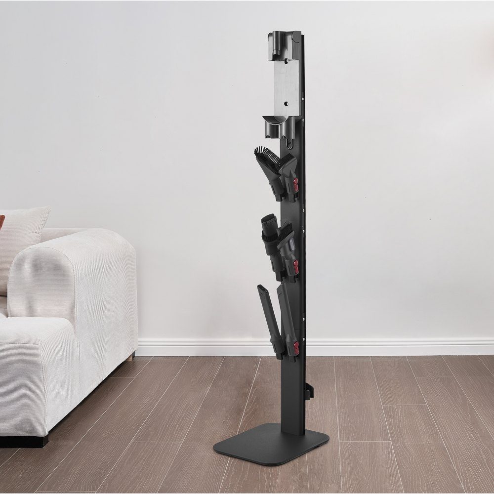 Stofzuigerstandaard 32 x 26 x 126 cm, compatibel met steelstofzuigers en accessoires uit de Dyson G5 V15 V12 V11 V10 V8 V7 V6-serie, vloerstandaard, houder met 6 haken en antislipvoetkussens, zwart
