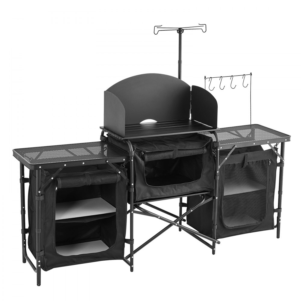 Camping-Küchentisch, Outdoor-Kochtisch, tragbare Aluminium-Kochstation mit 3 Aufbewahrungsschränken und Tragetasche sowie abnehmbarer Windschutzscheibe, für Grillpartys, Picknicks, Wohnmobil-Reisen, Schwarz