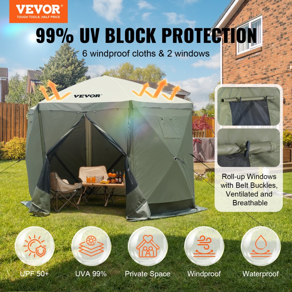 Pop-up-Pavillonzelt, Pop-up-Zelt mit 6 Seitenüberdachungen, Sonnenschutz mit 6 abnehmbaren Sichtschutz-Windtüchern und Netzfenstern, 10 x 10 Fuß, Schnellaufbauzelt mit Moskitonetz, Armeegrün Pop-up-Pavillonzelt, Pop-up-Zelt mit 6 Seitenüberdachungen, Sonnenschutz mit 6 abnehmbaren Sichtschutz-Windtüchern und Netzfenstern, 10 x 10 Fuß, Schnellaufbauzelt mit Moskitonetz, Armeegrün