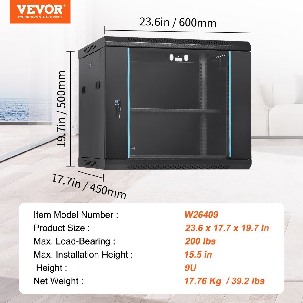 9U Wall Mount Network Server Rack Cabinet 60x45x50cm 156" Deep Door Lock