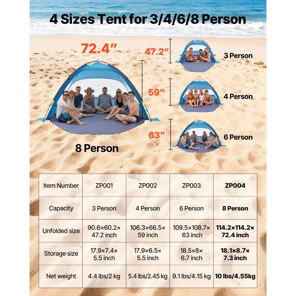 Strandtent Zonnescherm voor 8 personen, UPF 50+ bescherming, draagbare strandtent met draagtas en grondankers, lichtgewicht strandparaplu voor kamperen, vissen, picknicken, zonnetent