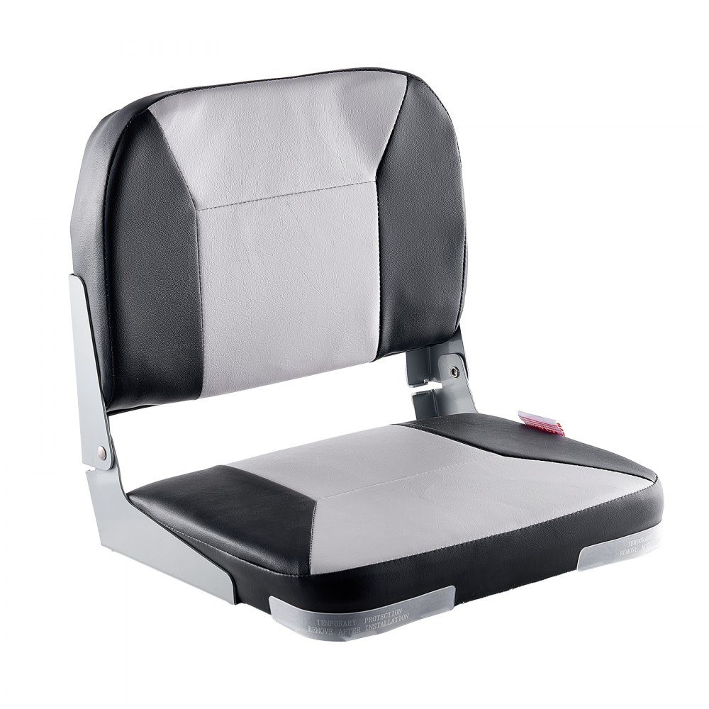 1 Piece Boat Seat Low Back Folding Fishing Boat Seat with Thick Sponge Cushion and Waterproof PVC Leather Aluminum Alloy Hinges Black Gray
