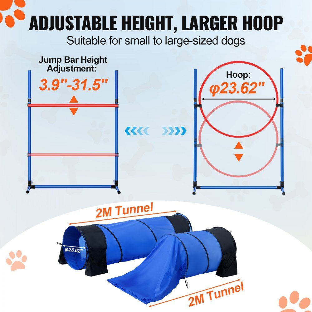 Équipement d'entraînement d'agilité pour chien, ensemble de 7 pièces avec haies hautes réglables, 6 poteaux de slalom, 2 tunnels, anneau de saut, boîte de frein, 3 frisbees, sifflet, bol pliable, ensemble de parcours d'obstacles pour chiot avec 3 sacs