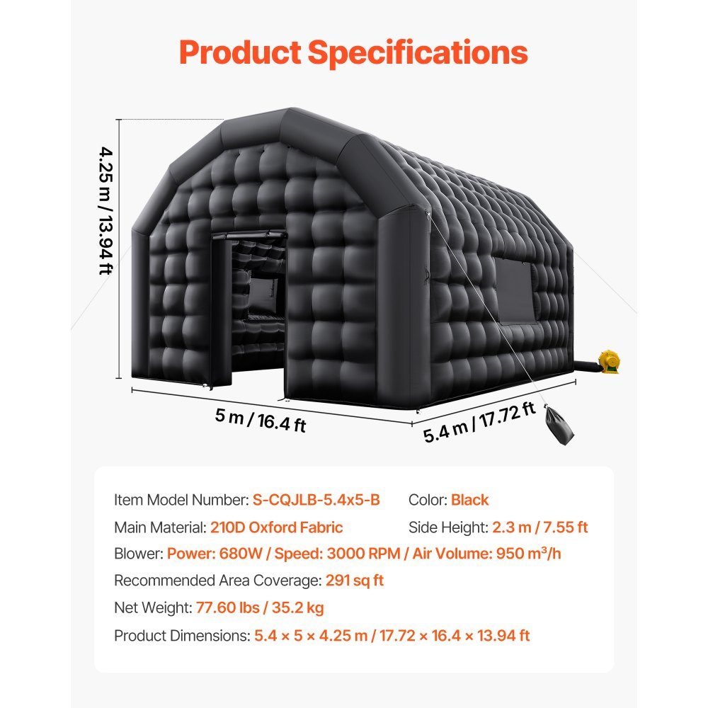 Inflatable Party Tent 5.4x5x4.25m Cube Tent for Disco Night Club Gazebo Wedding Tent with 680-W- Blower Sandbag 2 Windows for Events Birthday Wedding Black