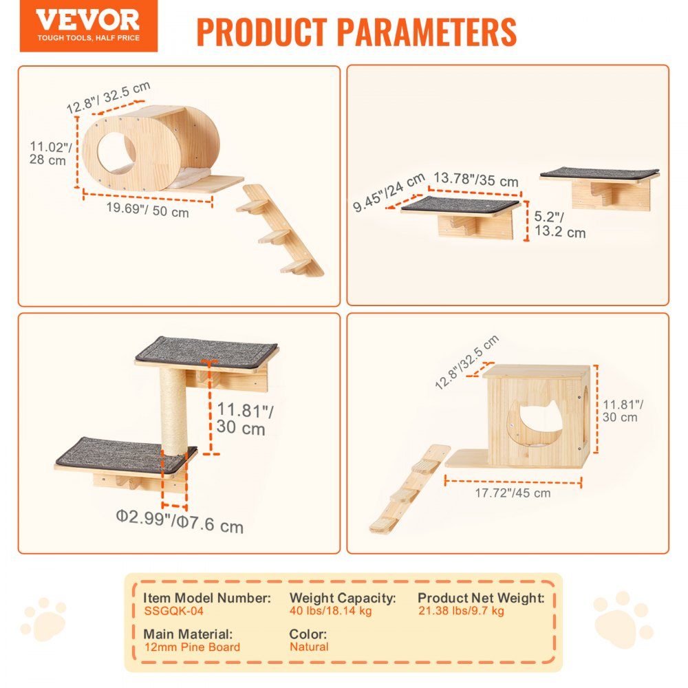 Étagères murales pour chat, étagères murales et perchoirs pour chat avec tremplins, lits pour chat, hamacs et griffoir, meubles et étagères pour chat jusqu'à 18 kg pour dormir, jouer, grimper, lot de 7