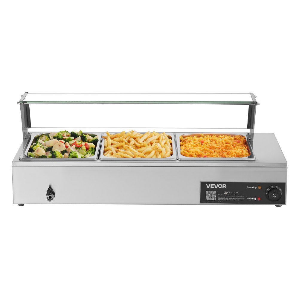Chauffe-plats professionnel avec couvercle en verre et 3 récipients (taille 1/2) 1,5 kW Réchauffeur de buffet en acier inoxydable, récipient de buffet, bain-marie, station de réchauffement des aliments pour restaurants, fêtes, buffets