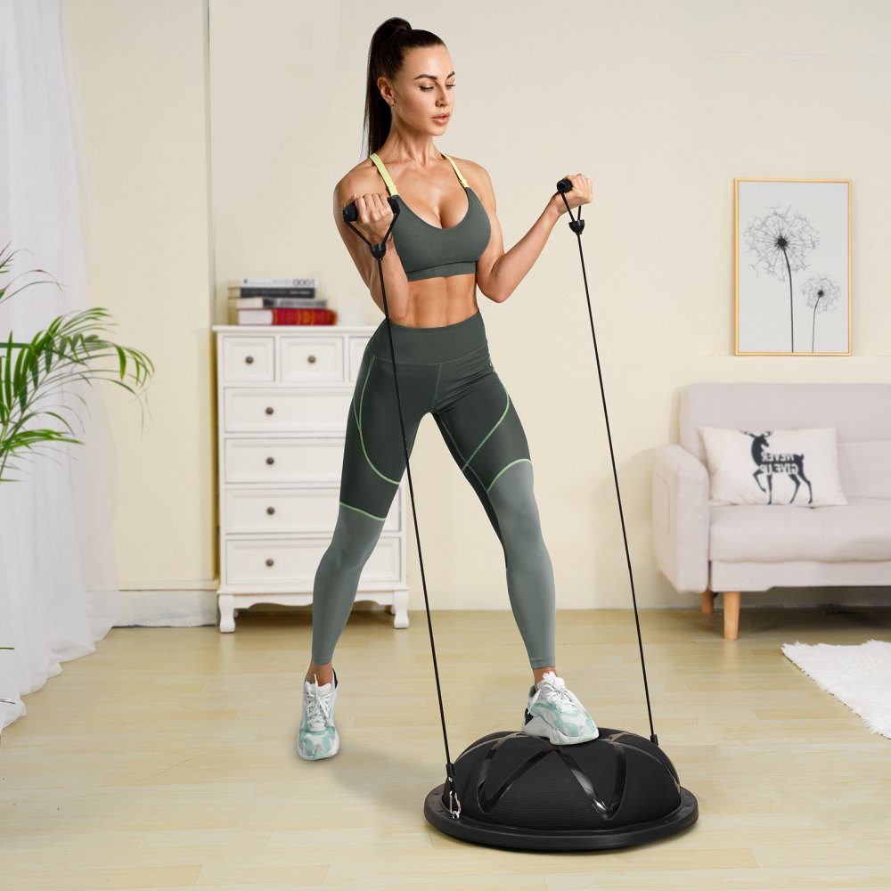 Half Exercise Ball Trainer, 23" Balance Ball Trainer, 660lbs Load Capacity Stability Ball, Yoga Ball with Resistance Bands and Pump, Strength Fitness Ball for Home Gym, Full Body Workout, Black