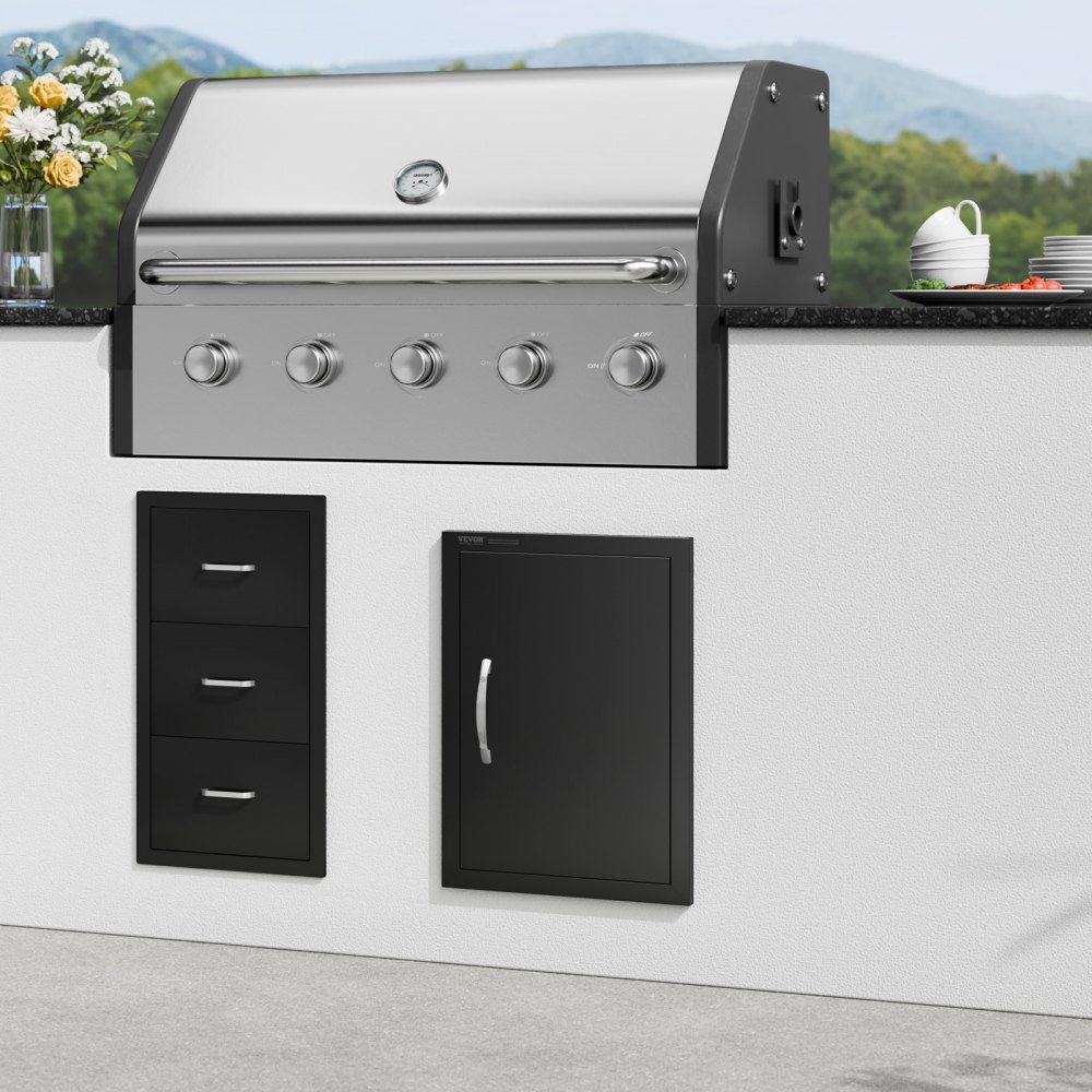 Grill Access Door 415x570mm Single Outdoor Kitchen Door Flush Mount Cold Panel Door Vertical Wall Door with Handle for Grill Island Grill Station Outdoor Cabinet Black