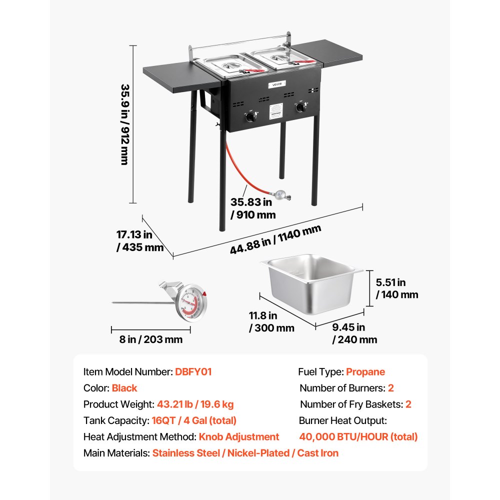 Friteuse commerciale d'extérieur au propane avec 2 réservoirs (9 L x 2), cuisinière en acier inoxydable avec plate-forme pliable, double panier et contrôle de la chaleur, friteuses autoportantes pour restaurants, snack-bars Friteuse commerciale d'extérieur au propane avec 2 réservoirs (9 L x 2), cuisinière en acier inoxydable avec plate-forme pliable, double panier et contrôle de la chaleur, friteuses autoportantes pour restaurants, snack-bars