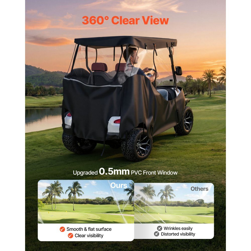 Zichtbare golfkarhoes voor 2-zits golfkarren (de meeste Club Car, Yamaha, EZGO en Honda golfkarren), regenhoes van 600D Oxford-stof, met PU-coating en winddicht haaksysteem