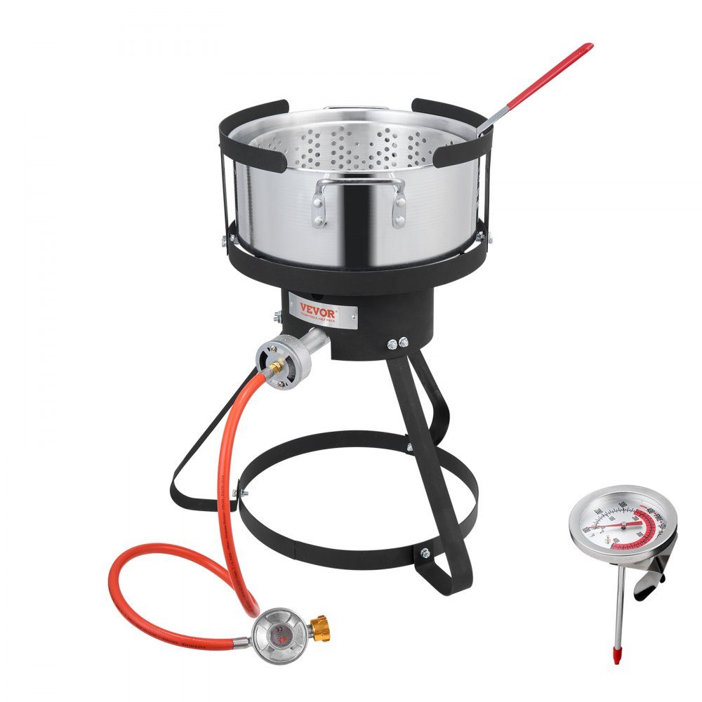 Fischfritteuse, Flügelfritteuse, 9,35 l, Propan-Fischfritteusen-Set, Aluminium-Meeresfrüchtetopf für den Außenbereich, mit Thermometer, Siebkorb und 54.000 BTU-Propanbrennern für das Kochen im Freien