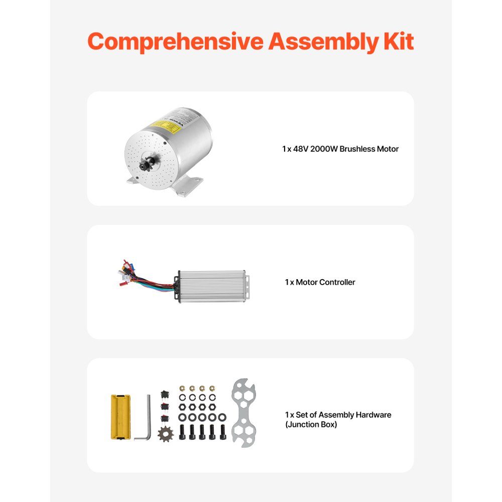 Kit de moteur électrique CC sans balais 2000 W - Moteur électrique 48 V 4300 tr/min 4,8 Nm avec contrôleur de vitesse amélioré, idéal pour les karts, vélos électriques, motos, scooters – Réf. HT-23433