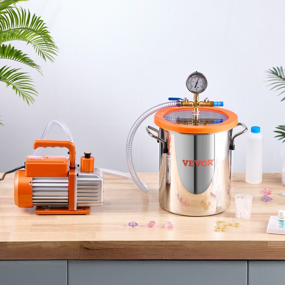 Vacuümkamer van 11,36 liter en pomp van 3,5 CFM, roestvrijstalen kamer, eentraps vacuümpomp-ontgassingkamerset, met acryldeksel, olie, 1,5 m slang, vacuümpompset voor het ontgassen van hars Siliconen epoxyharsen