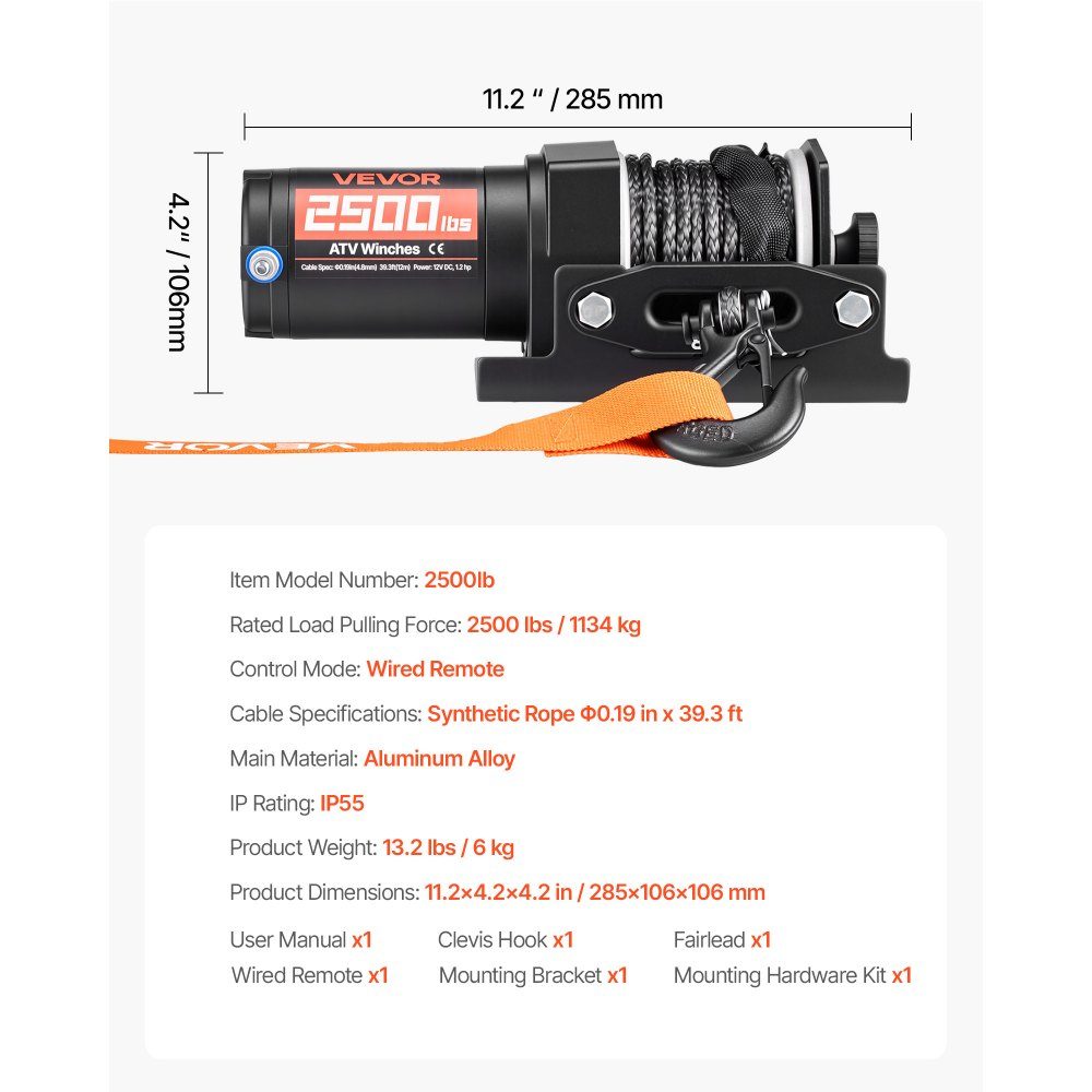 Electric Winch 1134kg 12V DC Motor Winch with 4.8mm x 12m Synthetic Rope and Wired Remote Control IP55 Aluminum Housing Electric Winch for ATV Towing Black