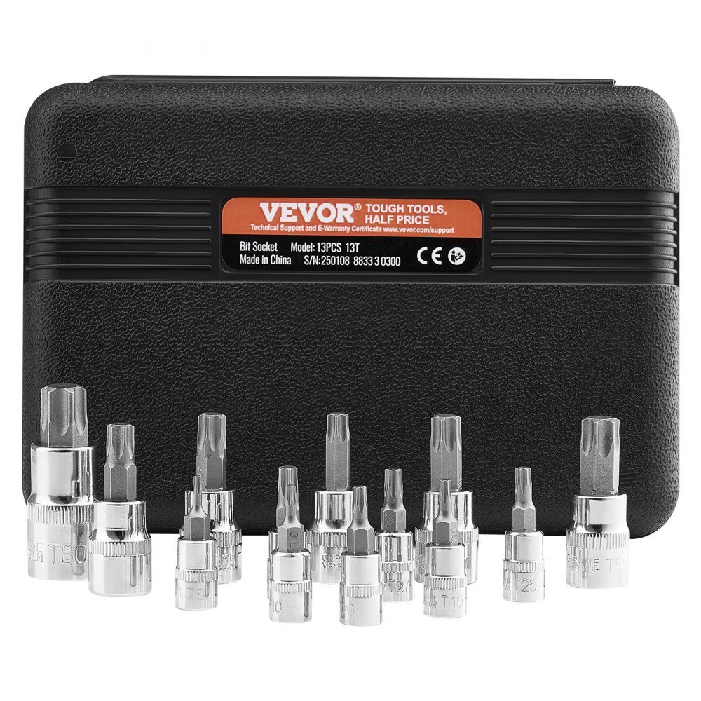 Jeu de clés à douille Torx 13 pièces. Star T8-T60 S2 en acier allié et acier cr-v, entraînements 1/4 ", 3/8" et 1/2 "avec mallette de rangement, clé à douille Torx pour la réparation automobile