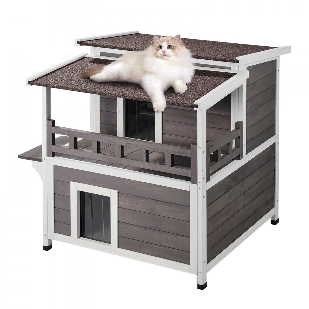 Outdoor Cat House Weatherproof Wild Cat Shelter for Multiple Cats Large 2 Tier Wooden Outdoor Cat House with Balcony, Doors, PVC Door Flaps and Open Roof 30" L x 30" W x 32" H Outdoor Cat House Weatherproof Wild Cat Shelter for Multiple Cats Large 2 Tier Wooden Outdoor Cat House with Balcony, Doors, PVC Door Flaps and Open Roof 30" L x 30" W x 32" H