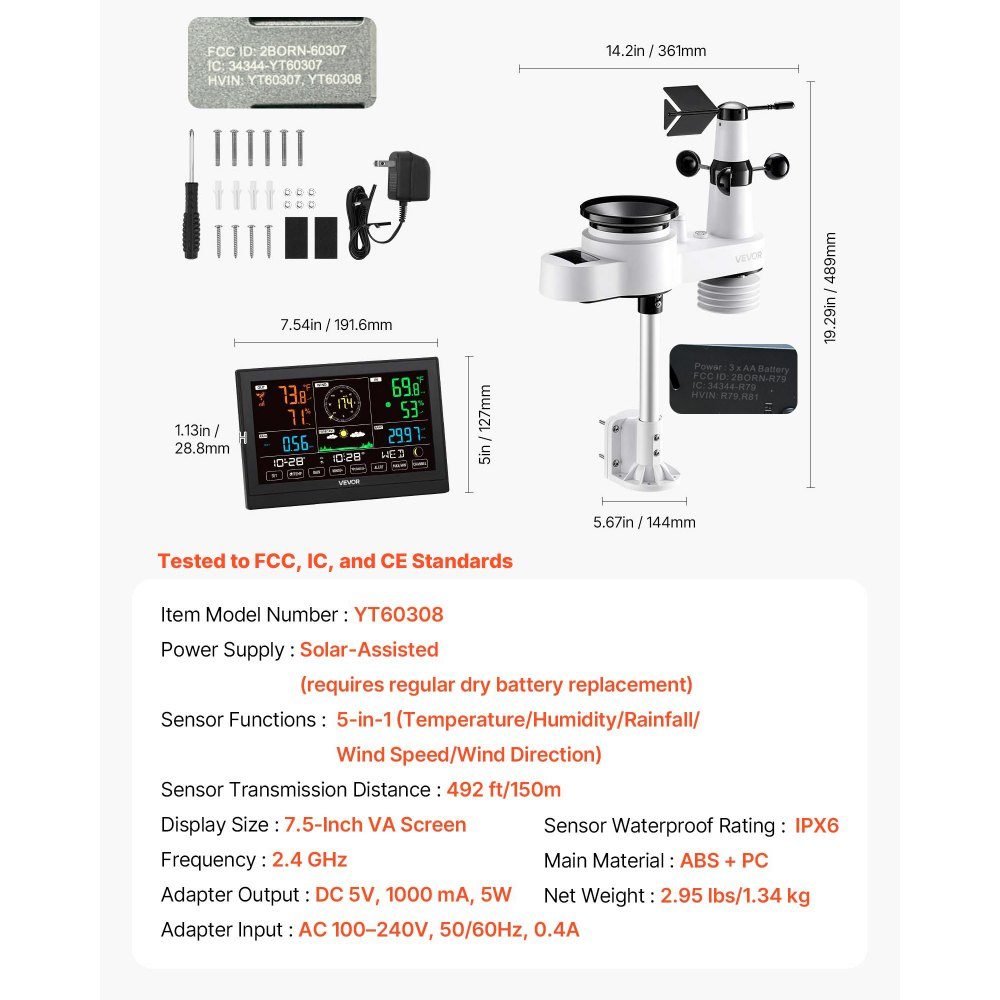 5 in 1 WiFi Weather Station, 7.5" VA Display, Solar Powered Outdoor Sensor, Weather Center for Weather Forecast, Wind Speed, Wind Direction, Temperature, Humidity, Precipitation