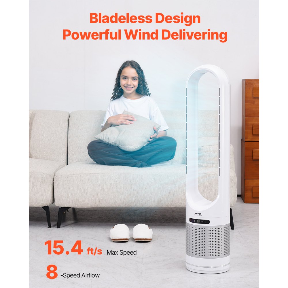 Torenventilator zonder blad, snelle ventilator op voetstuk van 4,7 m/s, 80° oscillerende ventilatoren met 8 snelheden, timer van 8 uur, H13 HEPA-filtering, afstandsbediening en luchtzuiveringsmodus Torenventilator zonder blad, snelle ventilator op voetstuk van 4,7 m/s, 80° oscillerende ventilatoren met 8 snelheden, timer van 8 uur, H13 HEPA-filtering, afstandsbediening en luchtzuiveringsmodus